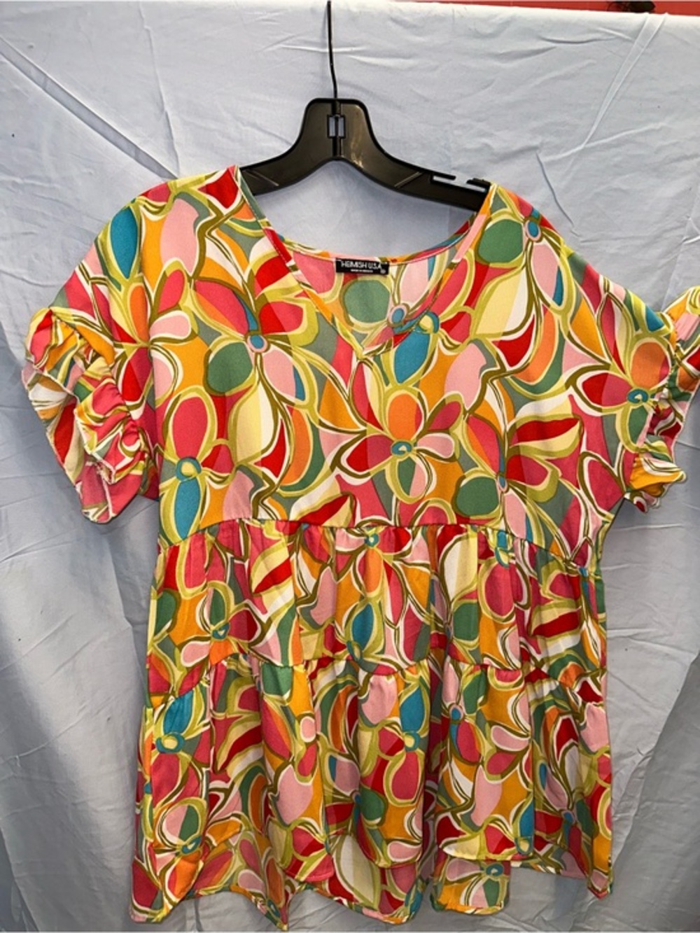 HEIMISH USA Multicolor Floral Tiered Peplum Top - Pink, Yellow, Green, Blue